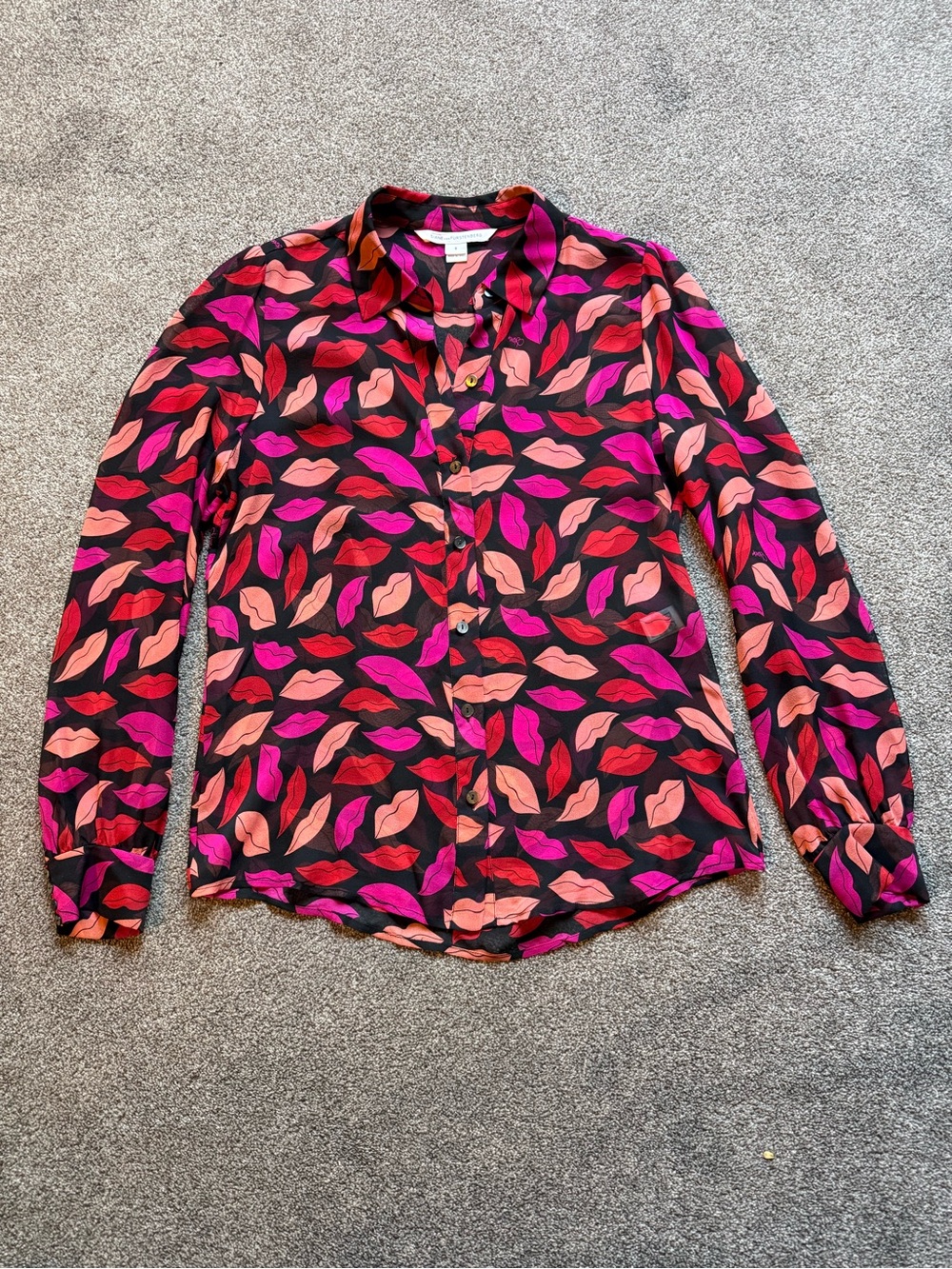 Diane Von Furstenberg Black Blouse with Pink and Coral Lip Print